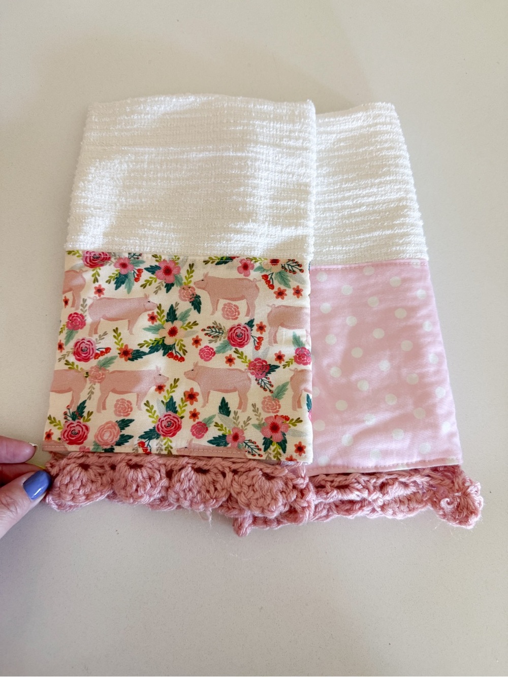 Handmade Pink Floral & Polka Dot Kitchen Towel with Crochet Edge